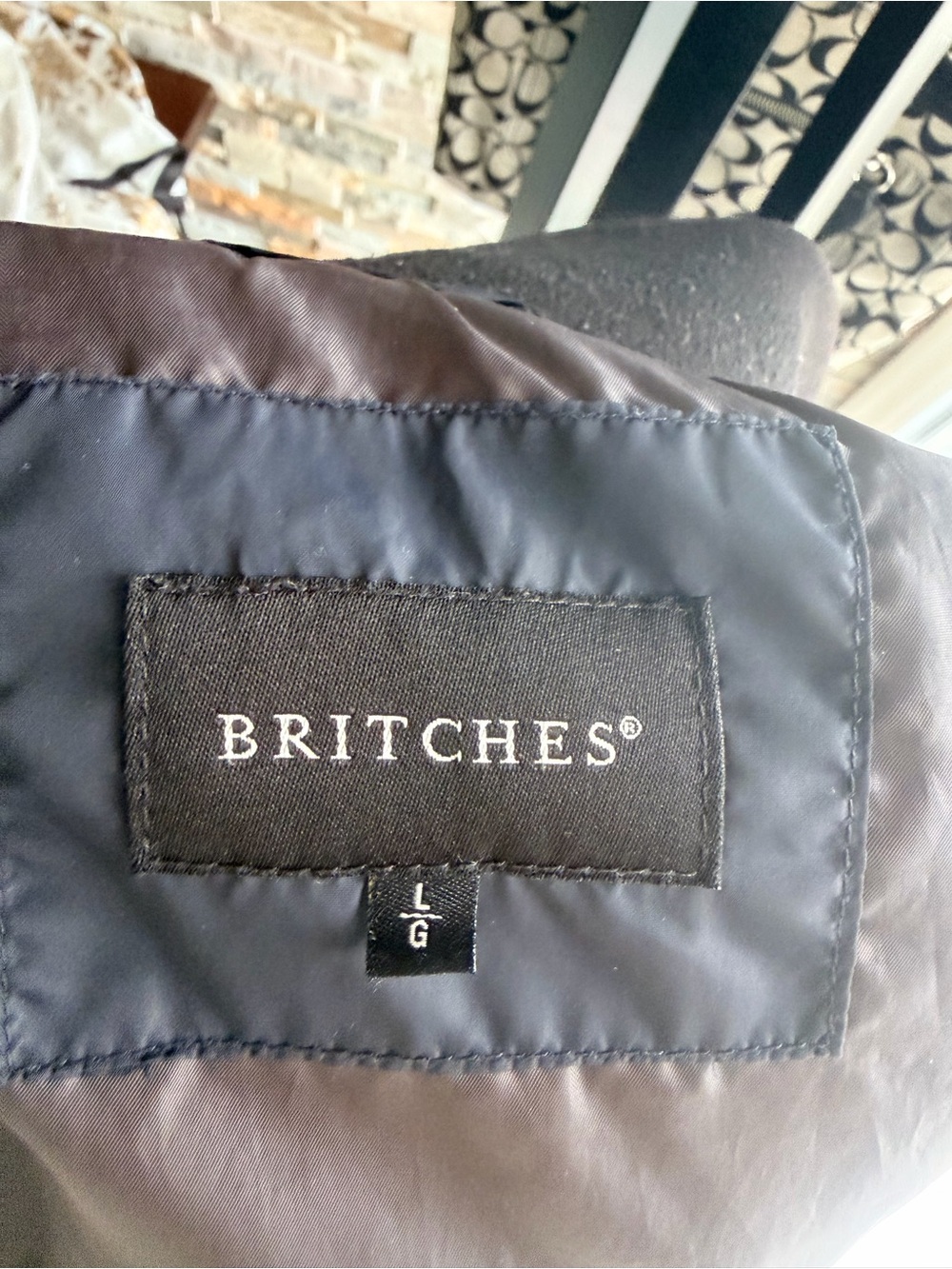 Quilted navy Jacket with Brown Trim - Men’s (worn like a women’s large or xl) - Picture 3 of 5